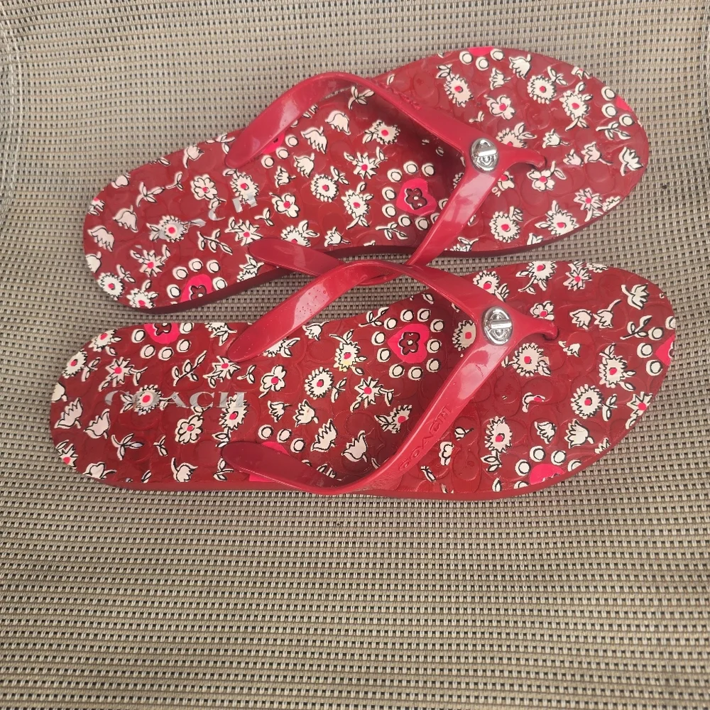 Coach Red Floral Rubber Flip Flops - Picture 3 of 7